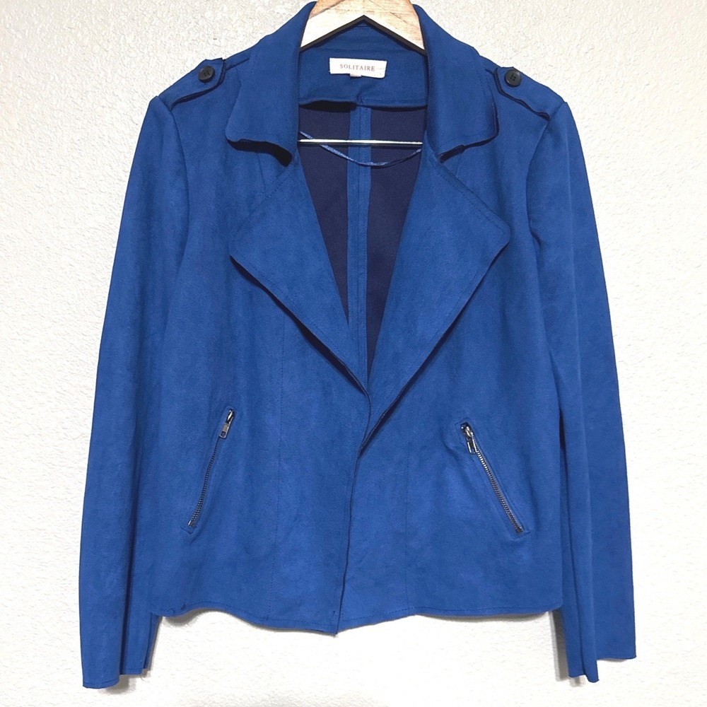 Anthropologie Solitaire Women's L Royal Blue Faux Suede Open Moto Light Jacket